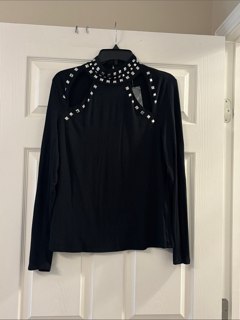 INC International Concepts Black Long-Sleeve Studded Cutout Mock Neck Top